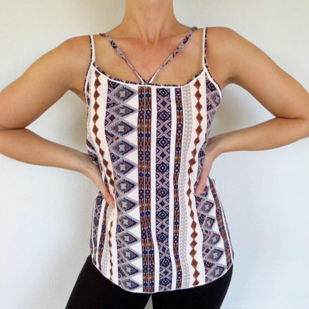 SHEIN white blue tribal print strappy crisscross shift tank top size large